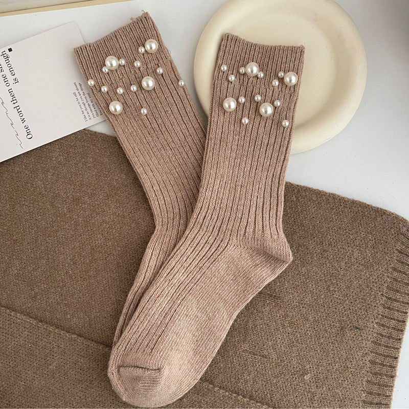 Fashionable rivet bead pile socks autumn and winter thick warm rabbit wool mid tube socks for children