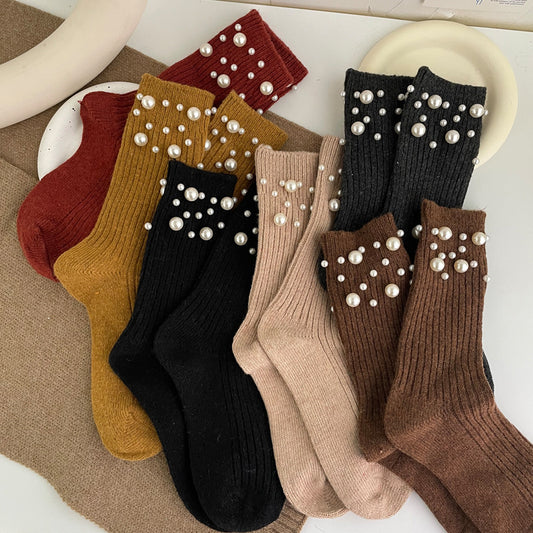 Fashionable rivet bead pile socks autumn and winter thick warm rabbit wool mid tube socks for children