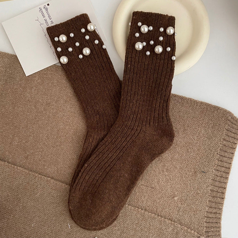 Fashionable rivet bead pile socks autumn and winter thick warm rabbit wool mid tube socks for children