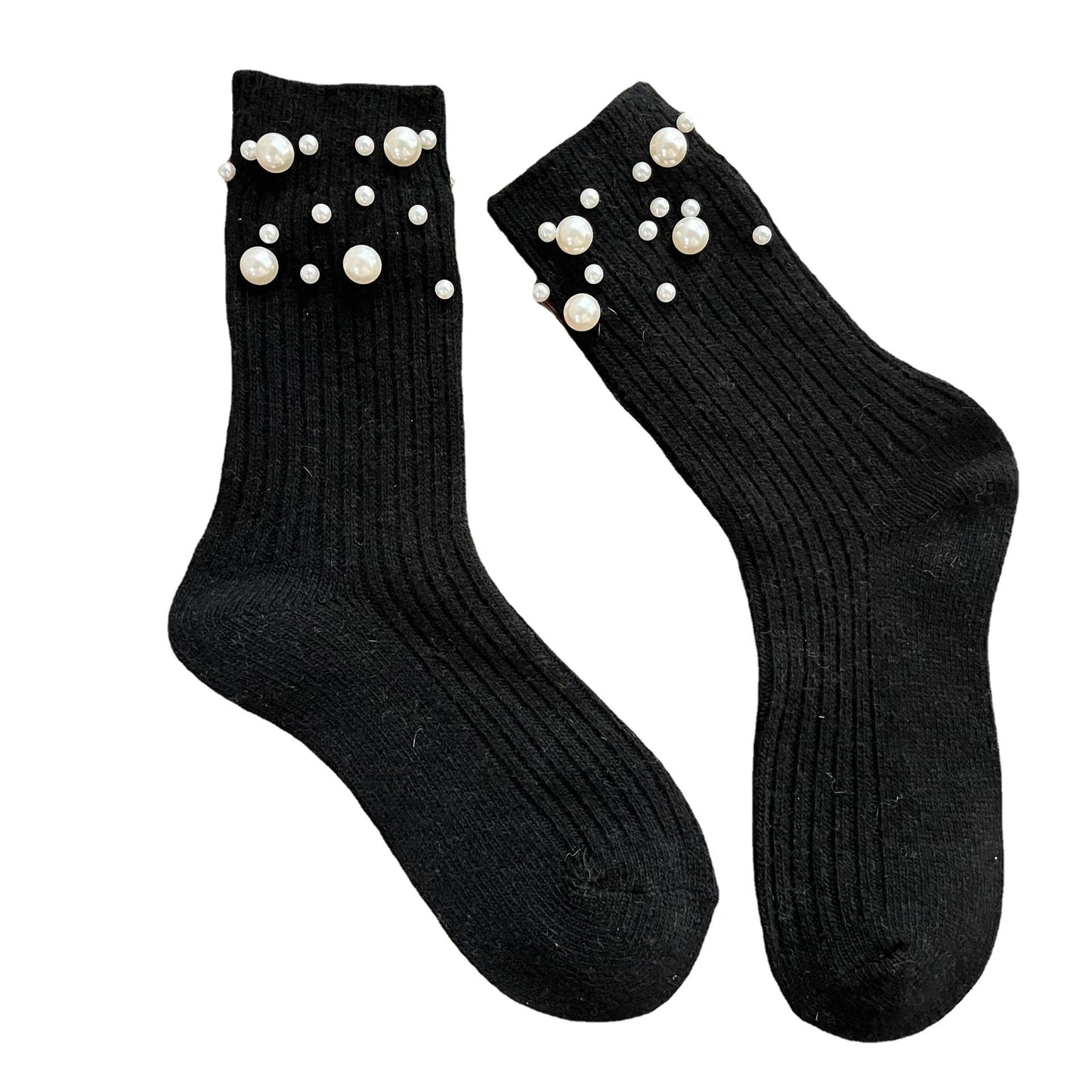 Fashionable rivet bead pile socks autumn and winter thick warm rabbit wool mid tube socks for children