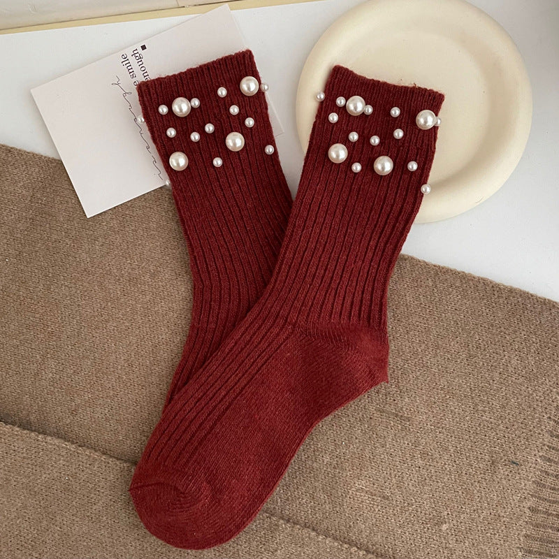 Fashionable rivet bead pile socks autumn and winter thick warm rabbit wool mid tube socks for children