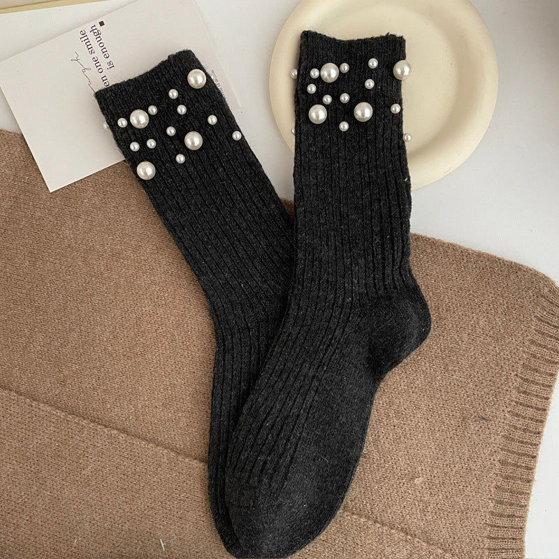 Fashionable rivet bead pile socks autumn and winter thick warm rabbit wool mid tube socks for children