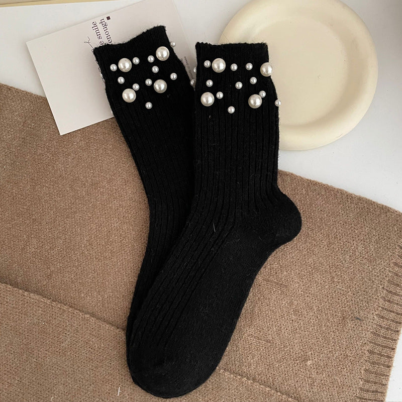 Fashionable rivet bead pile socks autumn and winter thick warm rabbit wool mid tube socks for children