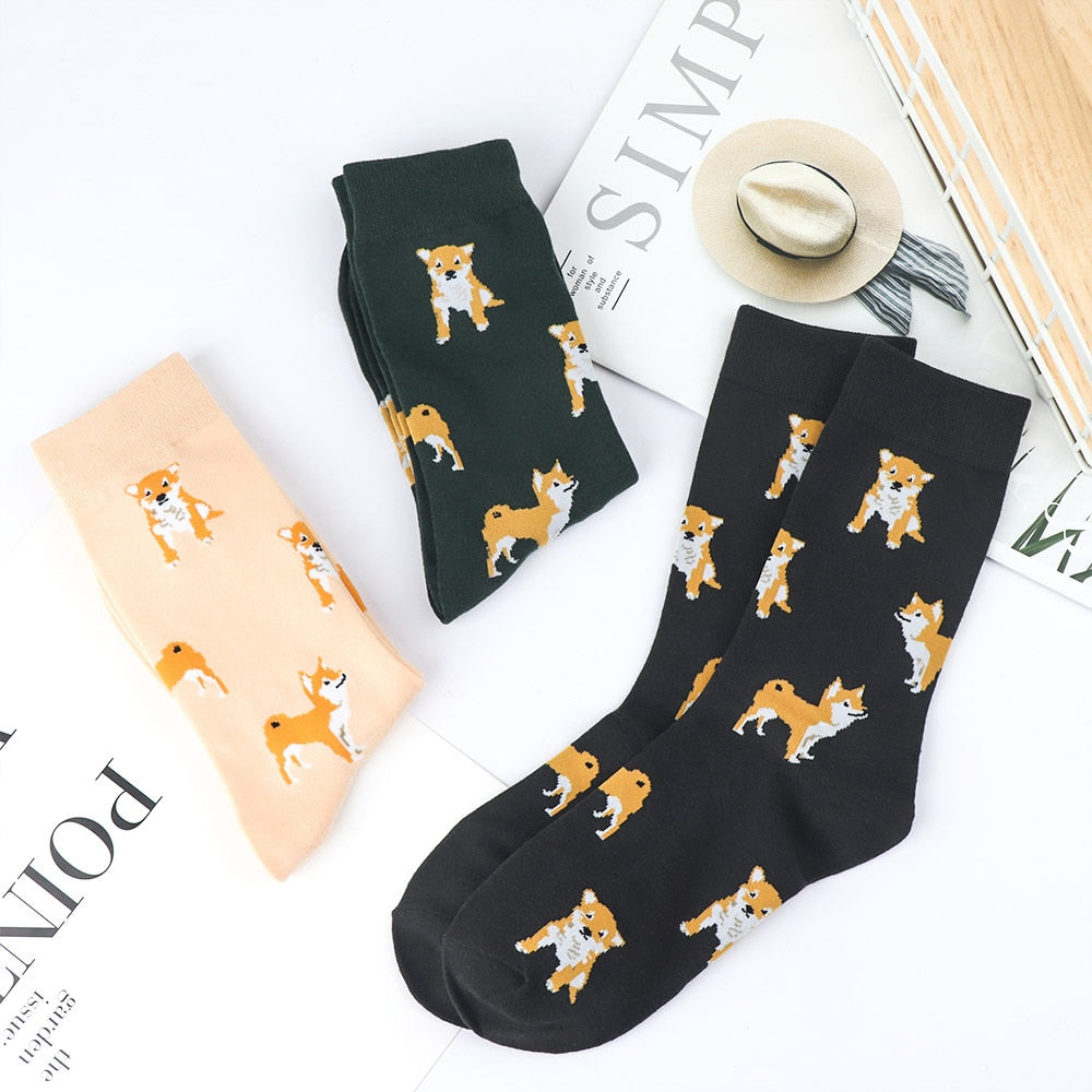 Cute Kawai Cartoon Women Combed Cotton Socks Women Funny Shiba Inu Dog Corgi Lovely Animal Pattern Casual Sock