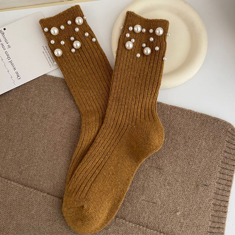 Fashionable rivet bead pile socks autumn and winter thick warm rabbit wool mid tube socks for children