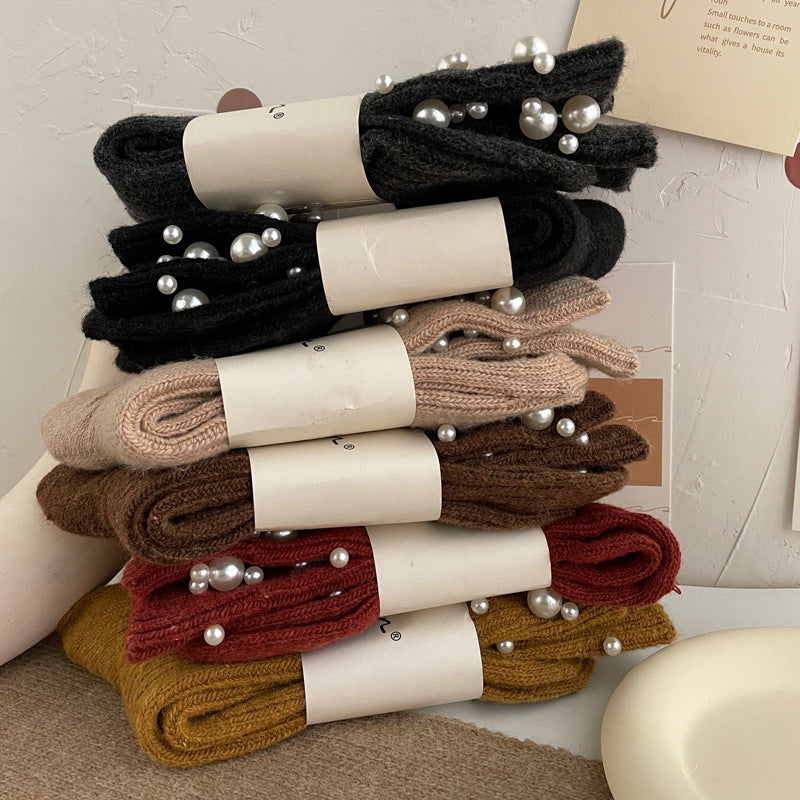Fashionable rivet bead pile socks autumn and winter thick warm rabbit wool mid tube socks for children