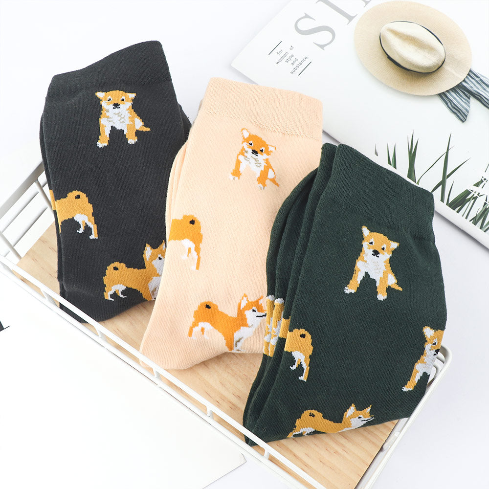 Cute Kawai Cartoon Women Combed Cotton Socks Women Funny Shiba Inu Dog Corgi Lovely Animal Pattern Casual Sock