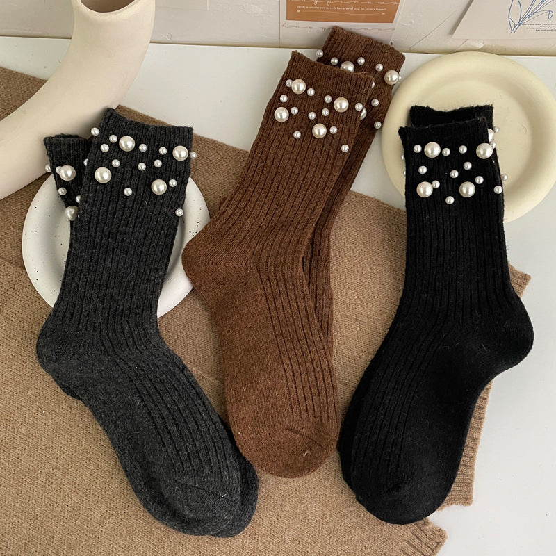 Fashionable rivet bead pile socks autumn and winter thick warm rabbit wool mid tube socks for children
