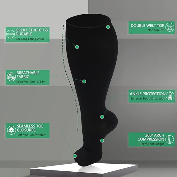 Enlarged black compression socks super wide calf and knee length socks men's and women's pressure socks 2XL-7XL