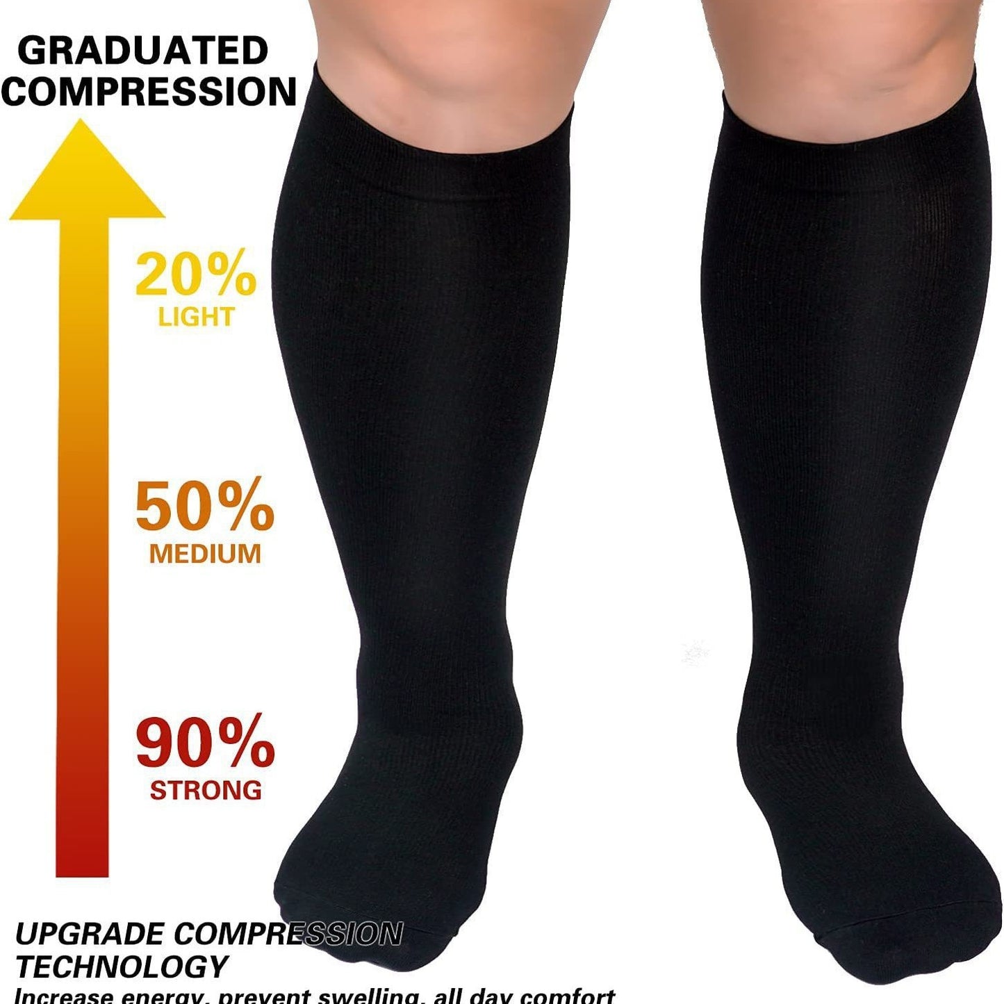 Enlarged black compression socks super wide calf and knee length socks men's and women's pressure socks 2XL-7XL
