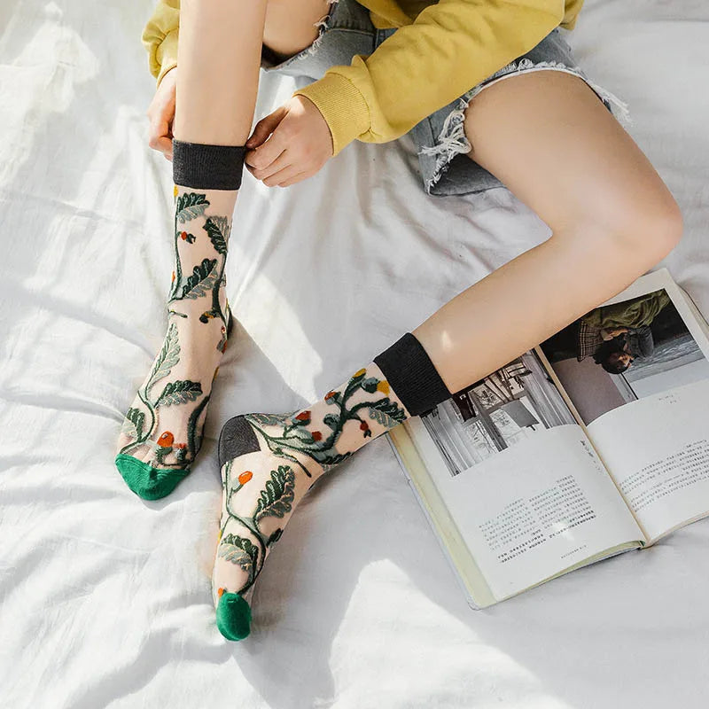 Creative Harajuku New Product Crystal Silk Tide Socks Funny Sunflowers Vines Flowers Happy Women Socks Casual High Quality Sox