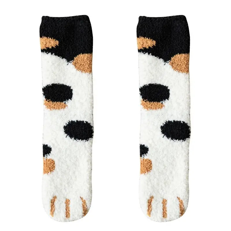 Winter Fall Socks Women Kawaii Cat Claws Warm Thicken Coral Fleece Knee High Cute Girls Thermal Tube Sock Snow Floor Sleeping