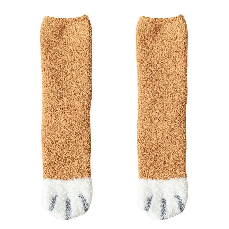 Winter Fall Socks Women Kawaii Cat Claws Warm Thicken Coral Fleece Knee High Cute Girls Thermal Tube Sock Snow Floor Sleeping