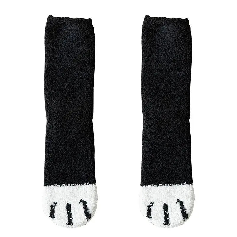 Winter Fall Socks Women Kawaii Cat Claws Warm Thicken Coral Fleece Knee High Cute Girls Thermal Tube Sock Snow Floor Sleeping