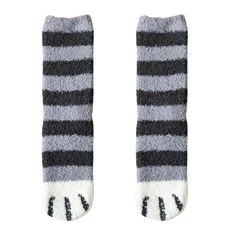 Winter Fall Socks Women Kawaii Cat Claws Warm Thicken Coral Fleece Knee High Cute Girls Thermal Tube Sock Snow Floor Sleeping
