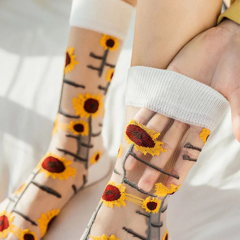 Creative Harajuku New Product Crystal Silk Tide Socks Funny Sunflowers Vines Flowers Happy Women Socks Casual High Quality Sox