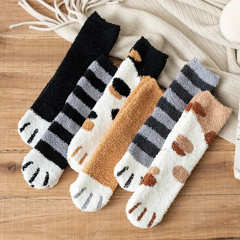 Winter Fall Socks Women Kawaii Cat Claws Warm Thicken Coral Fleece Knee High Cute Girls Thermal Tube Sock Snow Floor Sleeping
