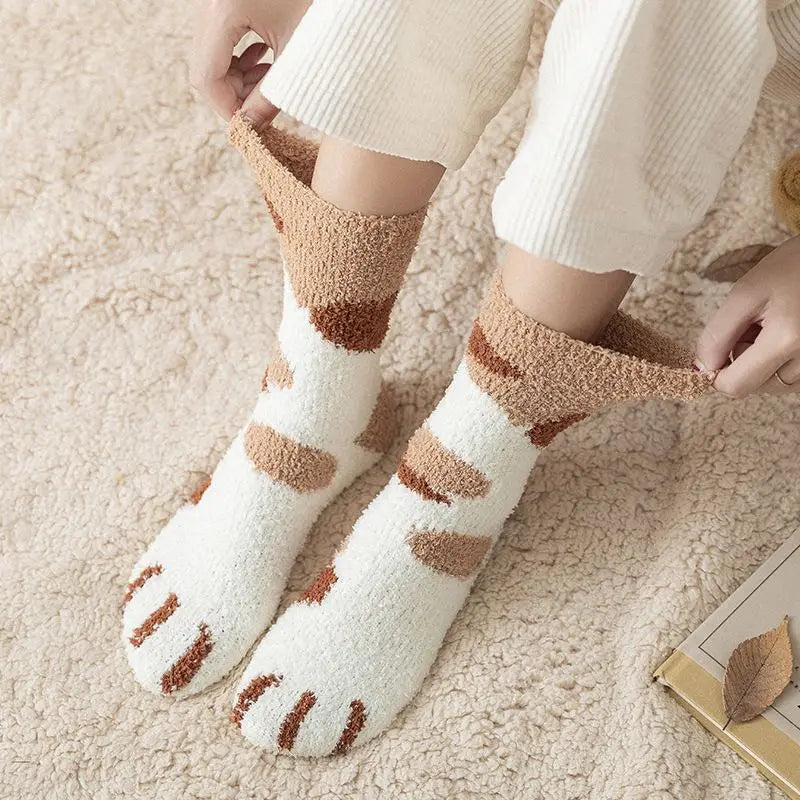 Winter Fall Socks Women Kawaii Cat Claws Warm Thicken Coral Fleece Knee High Cute Girls Thermal Tube Sock Snow Floor Sleeping