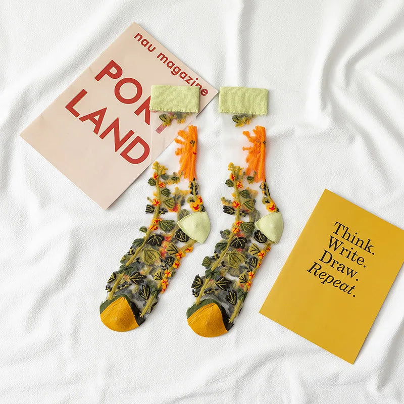 Creative Harajuku New Product Crystal Silk Tide Socks Funny Sunflowers Vines Flowers Happy Women Socks Casual High Quality Sox