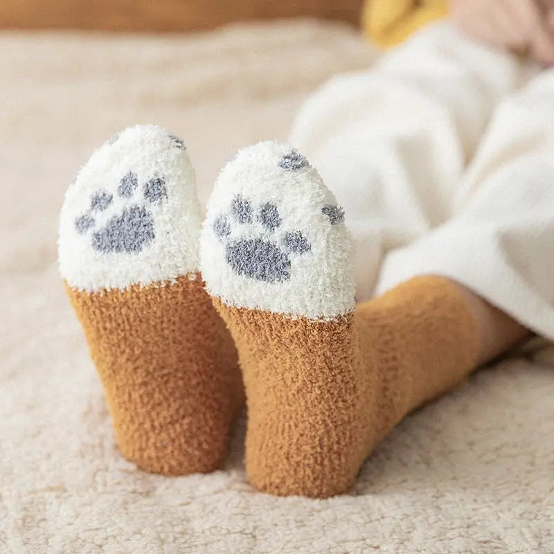 Winter Fall Socks Women Kawaii Cat Claws Warm Thicken Coral Fleece Knee High Cute Girls Thermal Tube Sock Snow Floor Sleeping