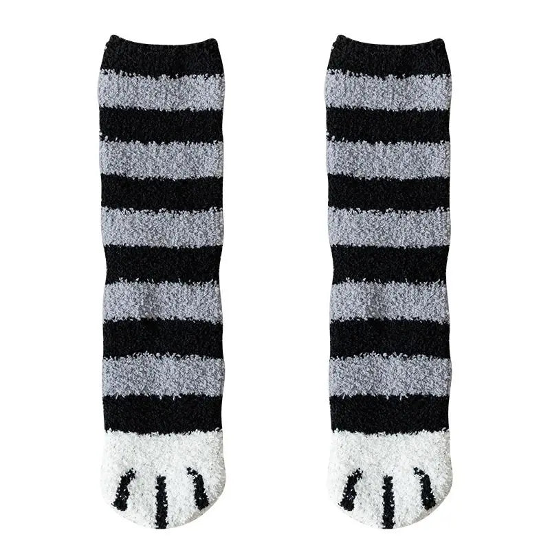 Winter Fall Socks Women Kawaii Cat Claws Warm Thicken Coral Fleece Knee High Cute Girls Thermal Tube Sock Snow Floor Sleeping