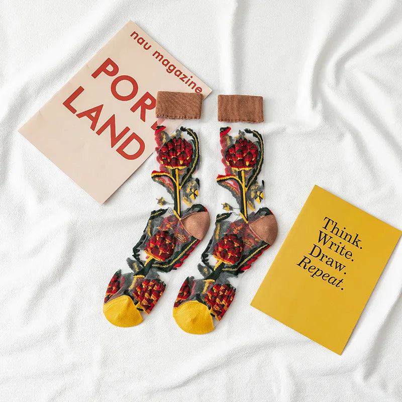 Creative Harajuku New Product Crystal Silk Tide Socks Funny Sunflowers Vines Flowers Happy Women Socks Casual High Quality Sox