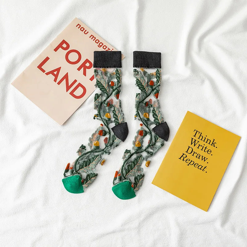 Creative Harajuku New Product Crystal Silk Tide Socks Funny Sunflowers Vines Flowers Happy Women Socks Casual High Quality Sox
