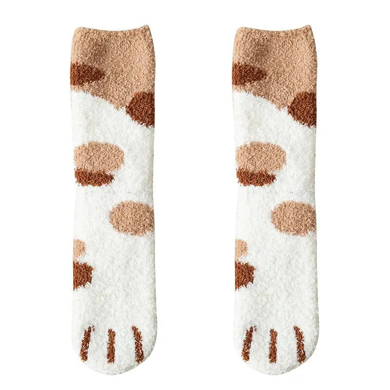Winter Fall Socks Women Kawaii Cat Claws Warm Thicken Coral Fleece Knee High Cute Girls Thermal Tube Sock Snow Floor Sleeping