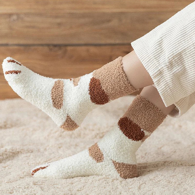 Winter Fall Socks Women Kawaii Cat Claws Warm Thicken Coral Fleece Knee High Cute Girls Thermal Tube Sock Snow Floor Sleeping