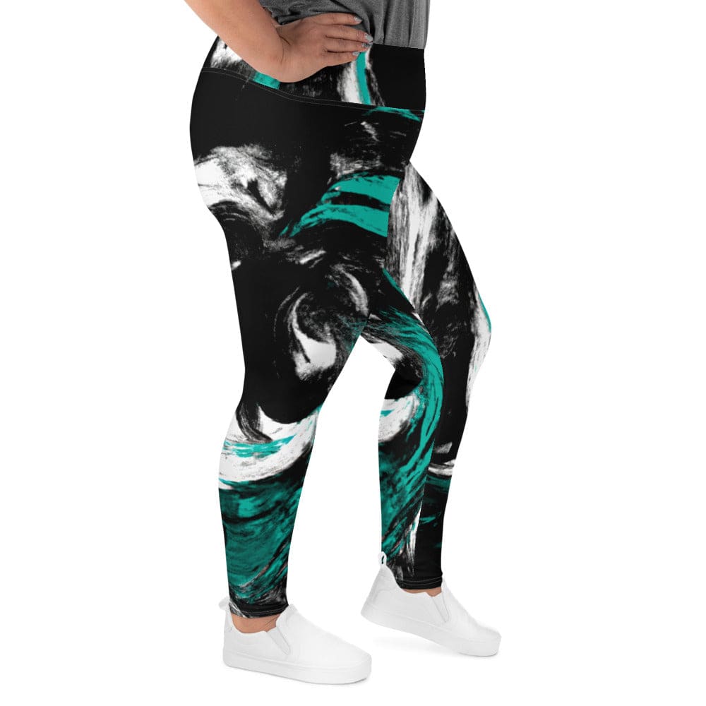 Womens Plus Size Fitness Leggings - Black Green White Abstract Pattern-2